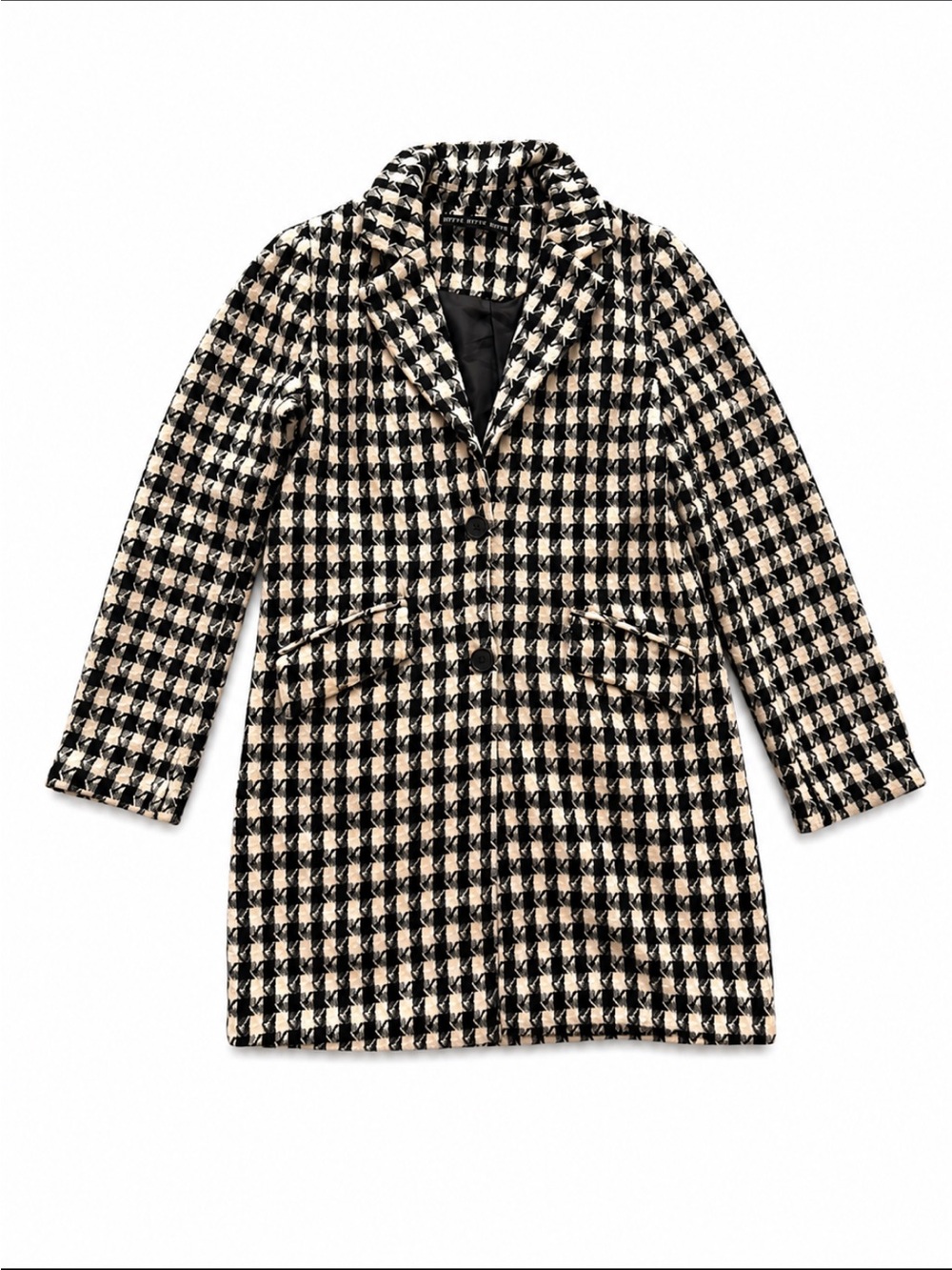 Womens Houndstooth Single-Breasted Coat - Black & Cream